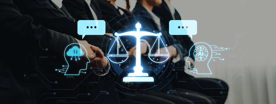 A professional legal meeting illustrates the balance of justice with digital elements, showcasing technology and collaboration in a modern business environment. Trope