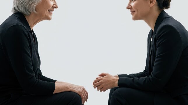 Senior woman and female psychologist sitting opposite each other in quiet room during therapy consultation.