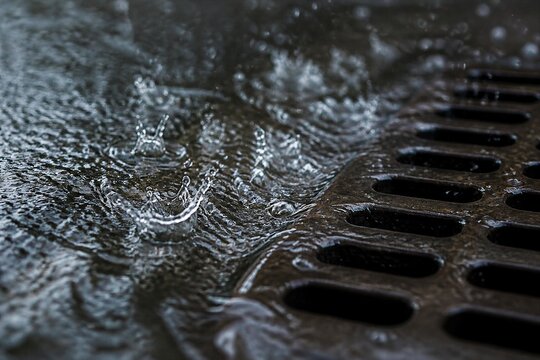 Water droplets splashing into metal drain on wet urban pavement