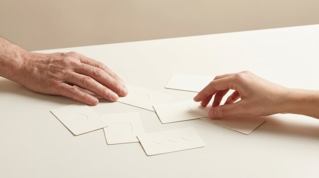 Hands of senior client and therapist selecting blank white cards on table for associative test.