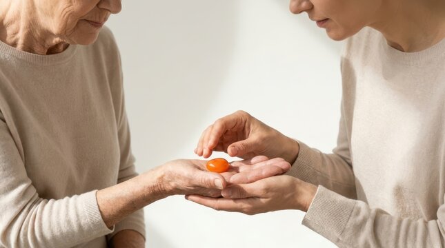Close up of therapist placing small orange tactile stone onto senior client palm during sensory therapy.