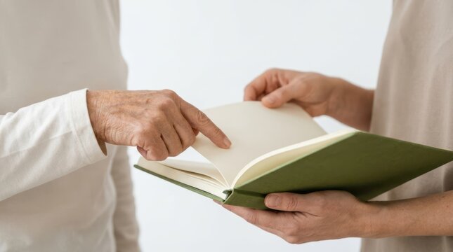Close up of senior person pointing at open notebook while discussing therapy progress with counselor.