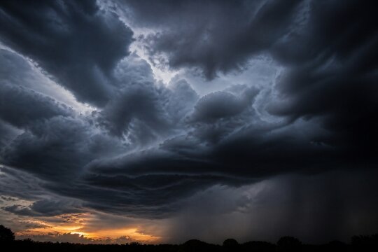 Storm clouds rolling and darkening over landscape horizon sunset