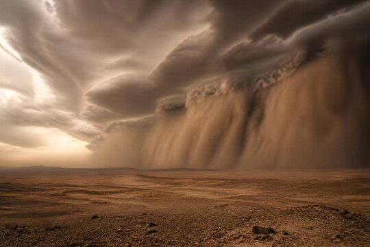 Rolling dust wall approaching barren plain under heavy clouds