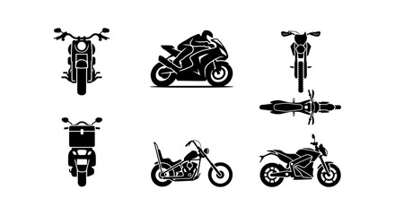 Motorcycle Icons Set: Sportbike, Cruiser, Scooter Views, Rider Silhouette, Vector Graphics © ZARA