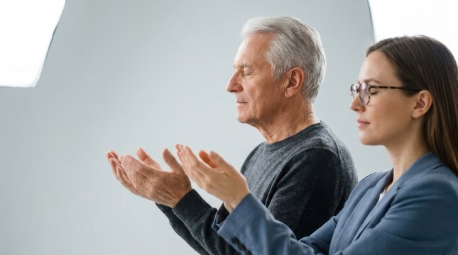 Senior man and female therapist raising hands together during mindfulness and breathing exercise.