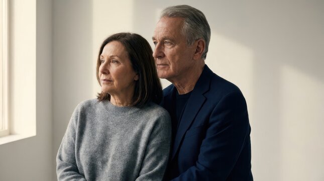 Senior couple looking thoughtfully out the window during a family therapy session with psychologist.