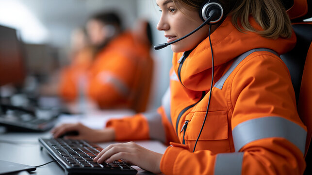Faceless rapid response operator handling fire emergency calls, defocused background, with copy space