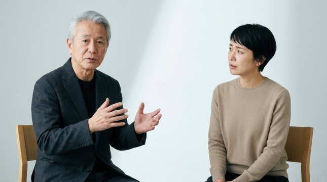 Elderly man explaining his situation with hands to attentive female psychologist in modern office.