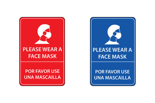 Please wear a face mask bilingual sign with red and blue warning colors