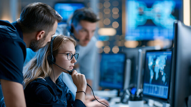 Faceless emergency dispatch supervisor leaning over trainee at 911 call center console, listening through headset splitter, glow of incident maps, defocused background, with copy