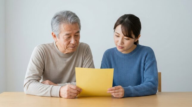 Senior man and social worker reading yellow document together sitting at wooden desk in office.