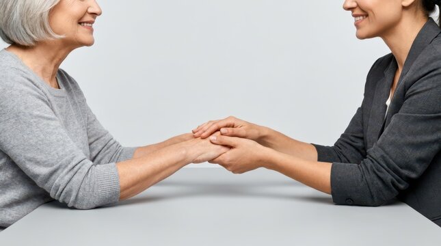 Close up of therapist and senior woman holding hands across table in warm supportive gesture.