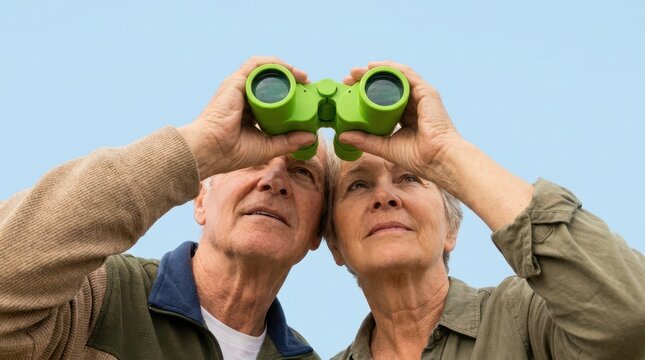 Senior man and woman looking through green binoculars together during outdoor nature observation.