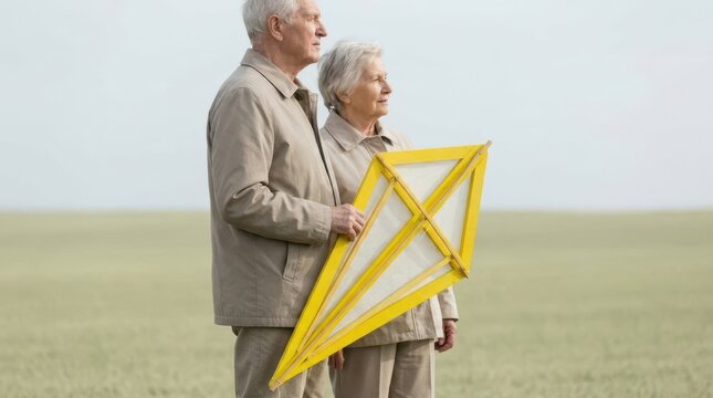 Senior couple standing on grassy field holding yellow wooden frame of kite together outdoors.