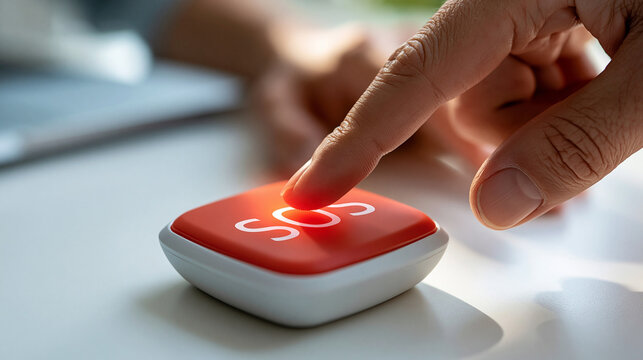 Close-up of hand pressing red SOS button at white table, defocused background, with copy space