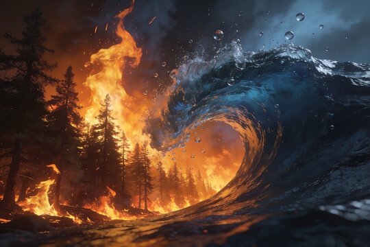 A surreal indigo tsunami wave curls over a burning forest with fierce orange flames creating dramatic chiaroscuro climate disaster imagery