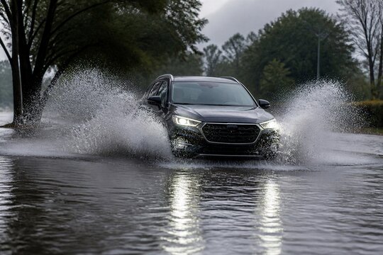 Suv driving through deep water with large splash on road