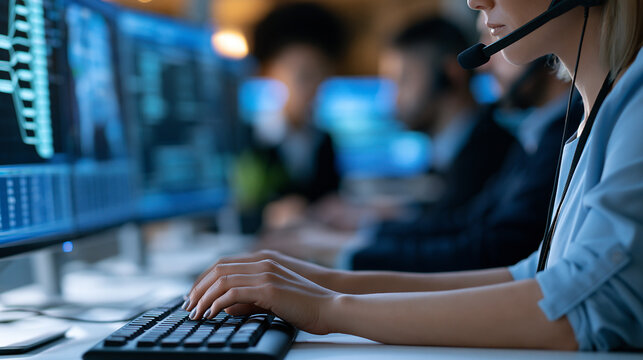 Faceless team of dispatchers working together during high-volume emergency call period, defocused background, with copy space