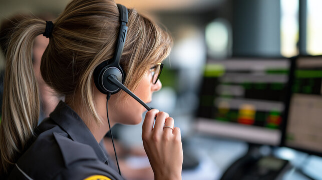 Faceless female emergency dispatcher providing assistance over headset, first aid service concept, defocused background, with copy space