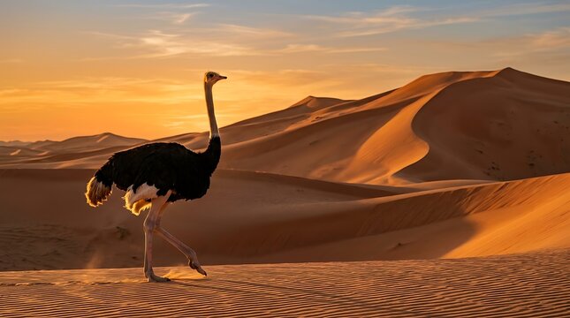 Nubian Ostrich Wild Empty Quarter Saudi Arabia Desert Golden Hour Dunes Wildlife