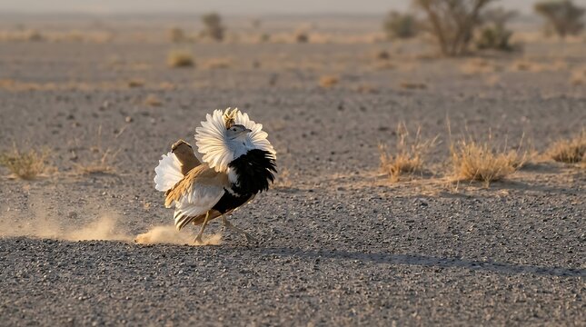Macqueen's Bustard Houbara Display Arabian Desert Gravel Plain Rare Heritage Bird