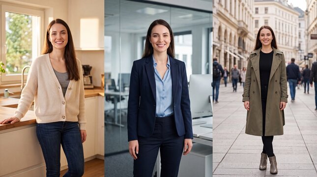 Beautiful Woman Lifestyle Journey Adapting Roles from Relaxed Home to Professional Office and Urban Exploration