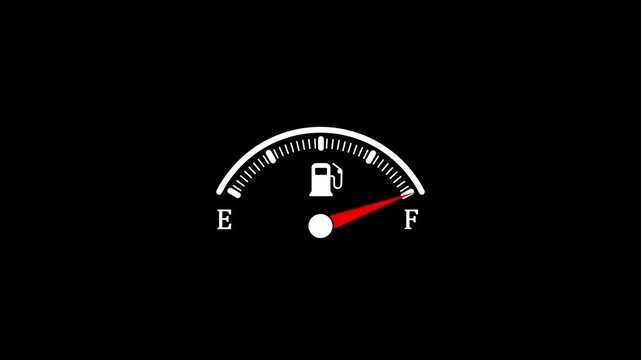 Fuel gauge meter animation showing full tank level, automotive dashboard indicator, gas station energy consumption concept