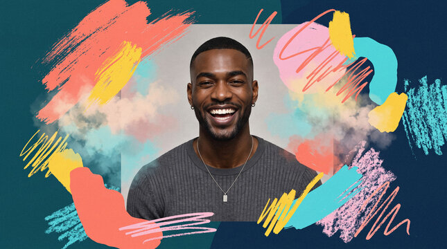 Smiling man portrait with vibrant abstract paint background