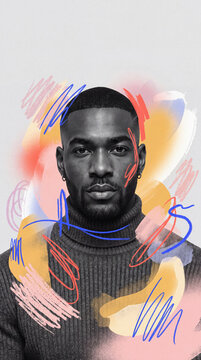 Mixed media portrait of man with abstract paint strokes