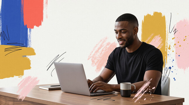 Smiling man working on laptop with abstract paint backdrop