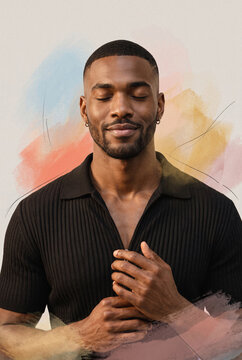 Serene portrait of man meditating with watercolor backdrop