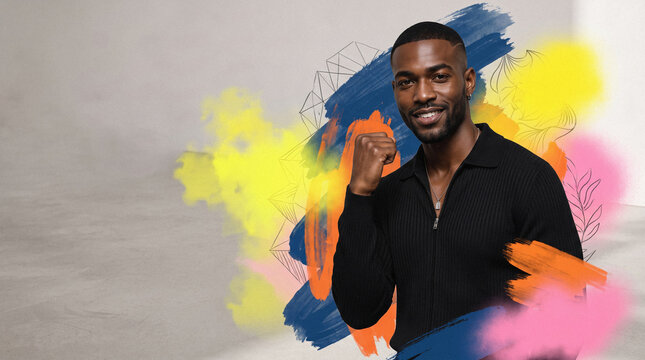 Smiling man with raised fist in vibrant mixed art style
