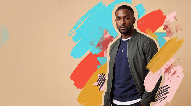 Modern man portrait with colorful abstract paint background