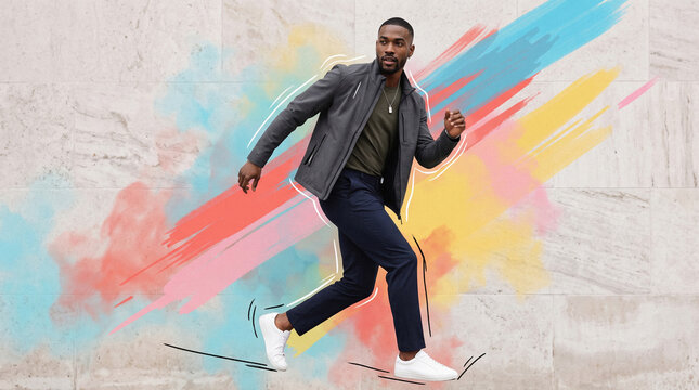Man running in front of colorful paint splash wall mural art