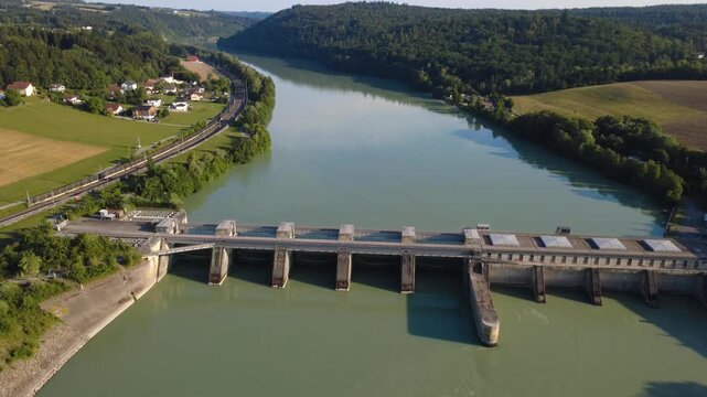 Aerial view of the weir and powerhouse at the Passau-Ingling hydropower plant on the river Inn