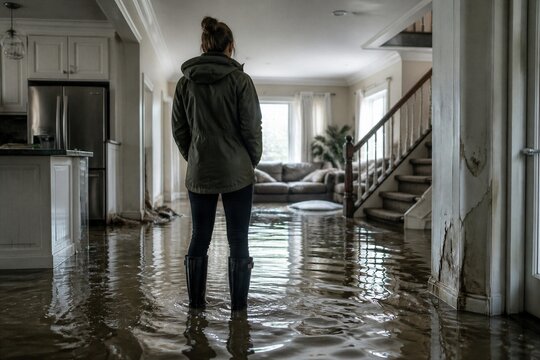 Person standing in flooded home hallway observing interior damage