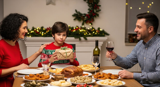 Croatian family celebrating Christmas dinner with gift and festive foods, concept of bad gift  