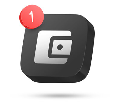Digital wallet icon with red one notification badge on dark 3D square button for mobile banking and payment app UI