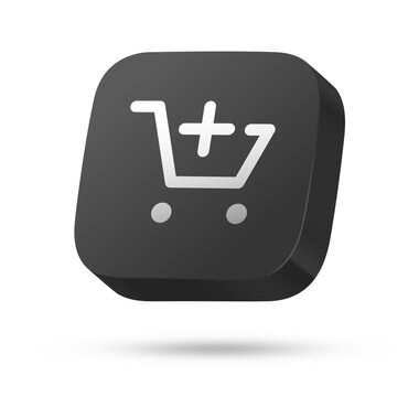 Add to shopping cart e-commerce icon on dark 3D square button for online retail store purchase and checkout app UI