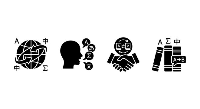 Language Translation Icons Set, Global Communication Symbols, Business Dealings, Educational Resources