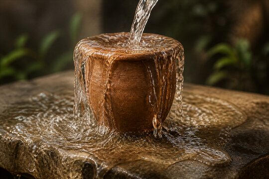 Clay cup overflowing with water on carved stone pedestal