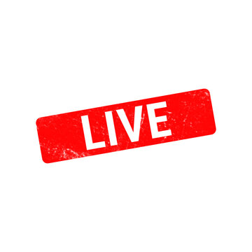 Red live stamp icon with grunge texture, distressed rubber stamp vector illustration, streaming and broadcasting label on white background
