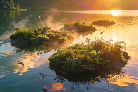 Naturally formed floating islands covered with native plants drift across a calm sunrise lake as birds fly through crystal reflective mist