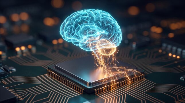 Advanced artificial intelligence conceptual brain glowing with neural light networks connected to integrated computer processor chip architecture on complex electronic circuit board.