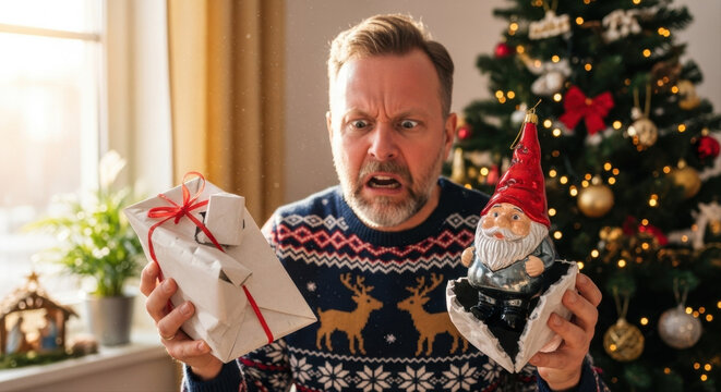 Czech man expressing frustration while holding bad gift and gnome decoration  