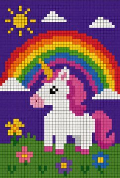Pixel-art unicorn under rainbow and sun, with clouds, flowers, and green meadow.