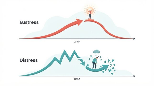 A graph shows eustress rising steadily while distress fluctuates. This represents how stress affects mental health and wellness.