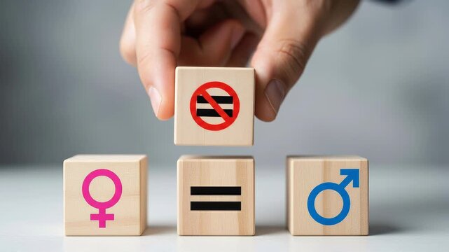 Hand placing a block with a not equal sign over gender symbols