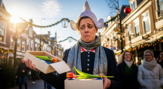 Dutch woman looking disappointed while holding gifts in festive street - Concept of bad gift  